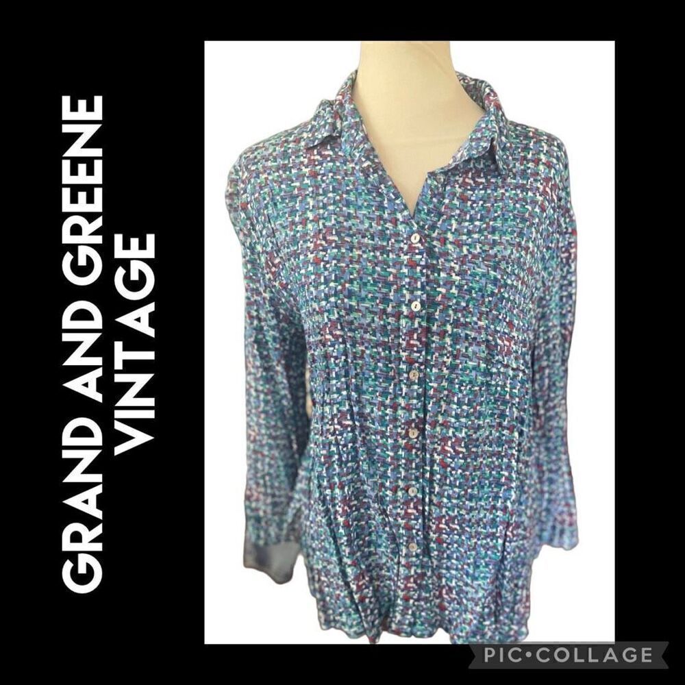 Grand & Greene Multi Color Long Sleeve Button Down 100% Rayon Blouse Size XL-Vin